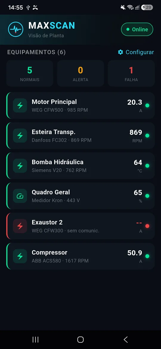 Tela do app MaxScan com a lista de equipamentos da planta: motores, esteira, bomba, quadro geral e compressor